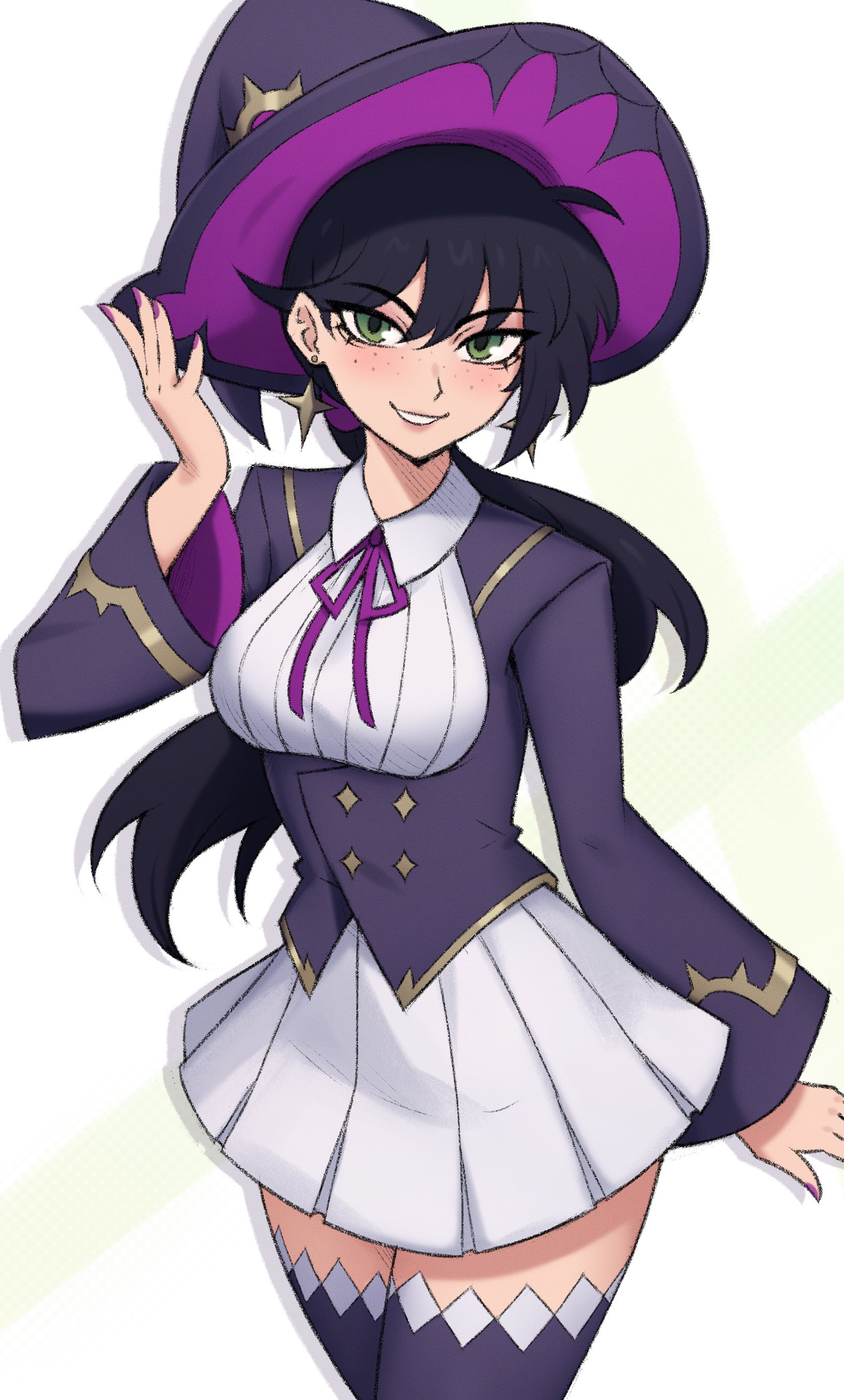 edmonmondo, helsie (fortnite), fortnite, absurdres, highres, 1girl, arm at side, black hair, buttons, collared dress, cowboy shot, double-breasted, dress, earrings, freckles, green eyes, grin, hair between eyes, hand up, hat, jacket, jewelry, long hair, long sleeves, looking at viewer, low ponytail, neck ribbon, pink lips, pleated dress, ponytail, purple hat, purple jacket, purple nails, purple ribbon, purple thighhighs, ribbon, simple background, smile, solo, thighhighs, very long hair, white background, white dress, wide sleeves, wing collar, witch, witch hat, zettai ryouiki