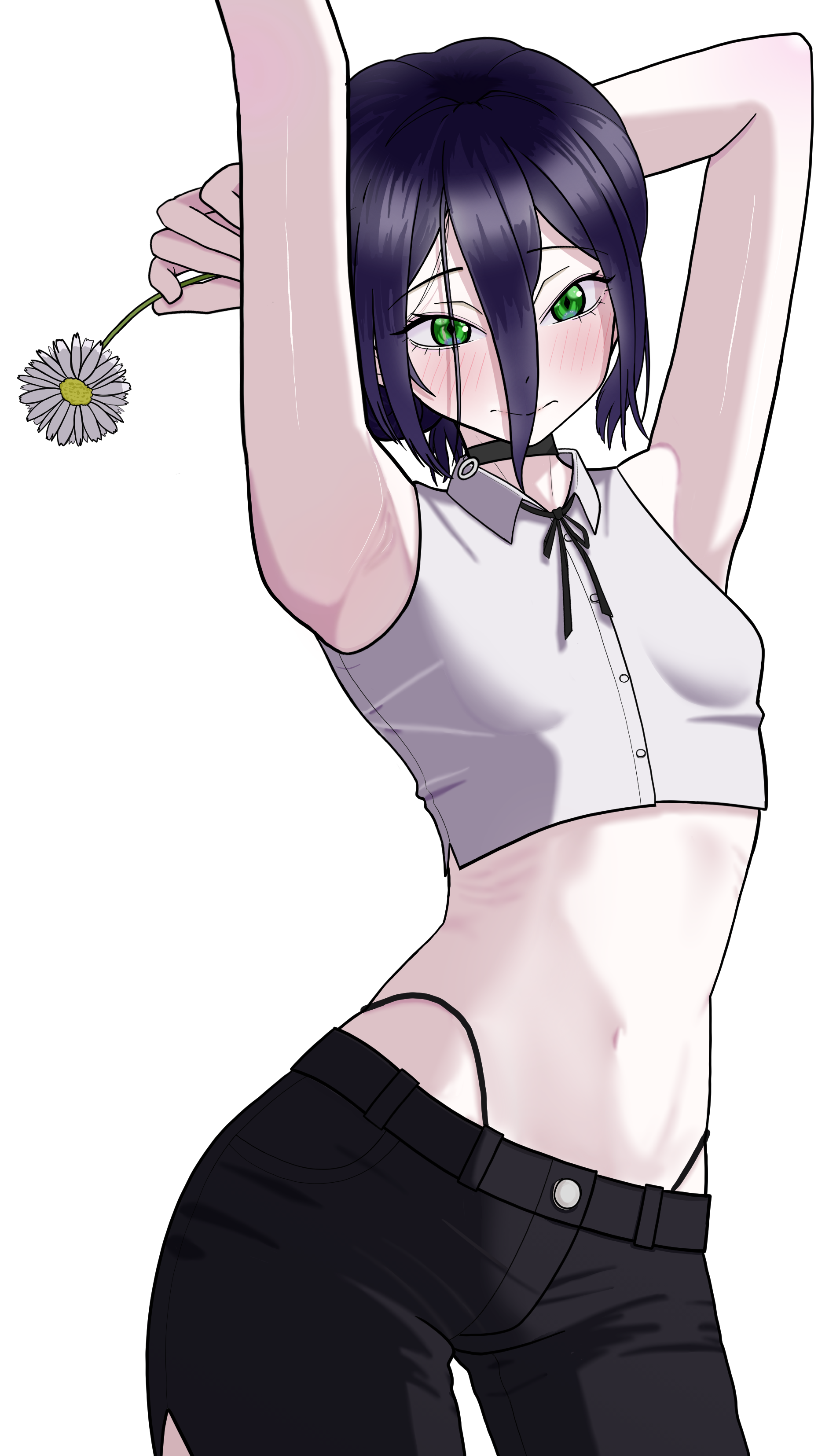 reze (chainsaw man), chainsaw man, absurdres, highres, 1girl, armpits, arms up, black choker, black hair, black shorts, blush, breasts, choker, closed mouth, cropped shirt, flower, green eyes, grenade pin, grey shirt, hair between eyes, holding, holding flower, navel, shirt, shorts, sleeveless, sleeveless shirt, small breasts, solo, user mtsd8275, white flower