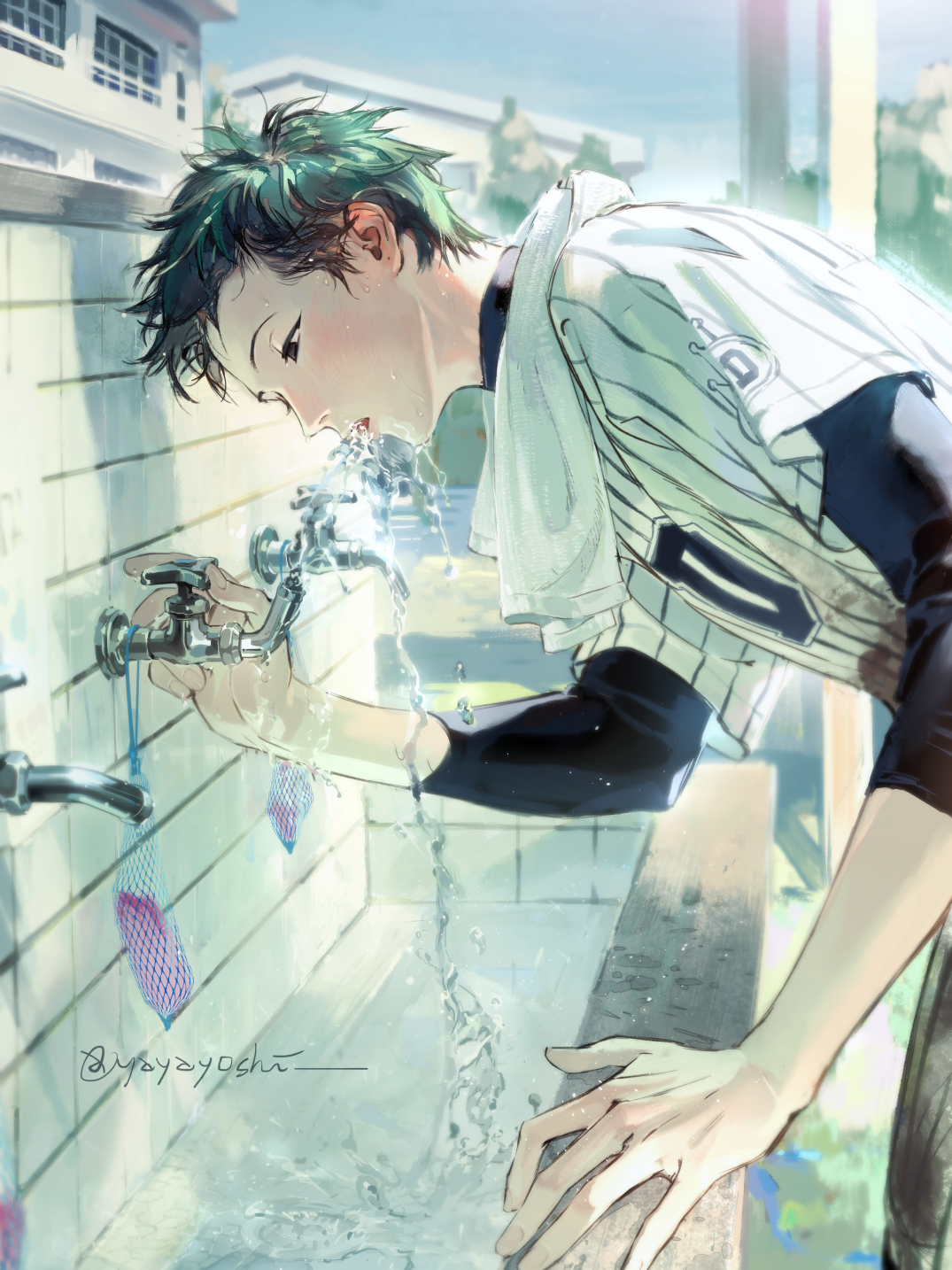 yayayoshi, original, highres, 1boy, artist logo, baseball jersey, baseball uniform, bent over, black eyes, black hair, black shirt, blue sky, blush, brown eyes, building, drinking, drinking fountain, faucet, fountain, from side, hand up, jersey, layered sleeves, logo, long sleeves, looking down, male focus, open mouth, outdoors, school, shirt, short hair, short over long sleeves, short sleeves, signature, sink, sky, soap, solo, spiked hair, sportswear, standing, striped clothes, tile wall, tiles, towel, towel around neck, undershirt, upper body, water, water drop, wet, wet hair
