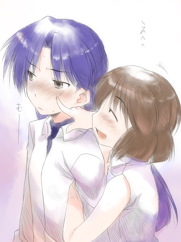 akane yuki, hagiwara yukiho, kisaragi chihaya, idolmaster, idolmaster (classic), idolmaster 1, bad id, bad pixiv id, 00s, 2girls, blue hair, blush, brown hair, long hair, multiple girls, short hair