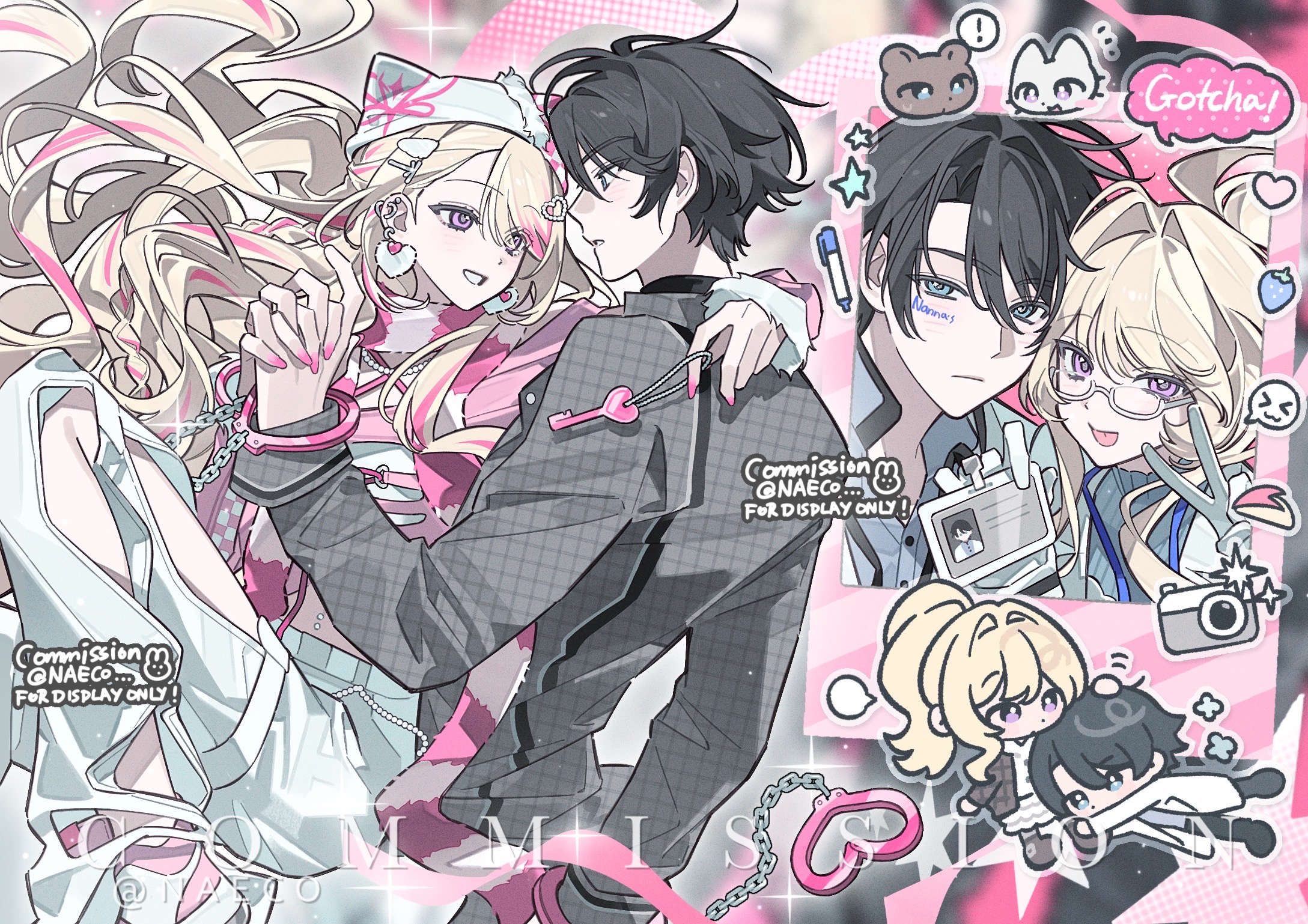 original, highres, 1boy, 1girl, black hair, black shirt, blonde hair, blue eyes, blush, chain, chibi, chibi inset, collared shirt, cuffs, earrings, english text, evodtonaeco, glasses, handcuffs, hat, heart, hetero, hug, jacket, jewelry, long hair, long sleeves, looking at another, multicolored hair, pants, pink eyes, pink hair, pink nails, ponytail, purple eyes, shirt, short hair, smile, speech bubble, streaked hair, too many watermarks, watermark