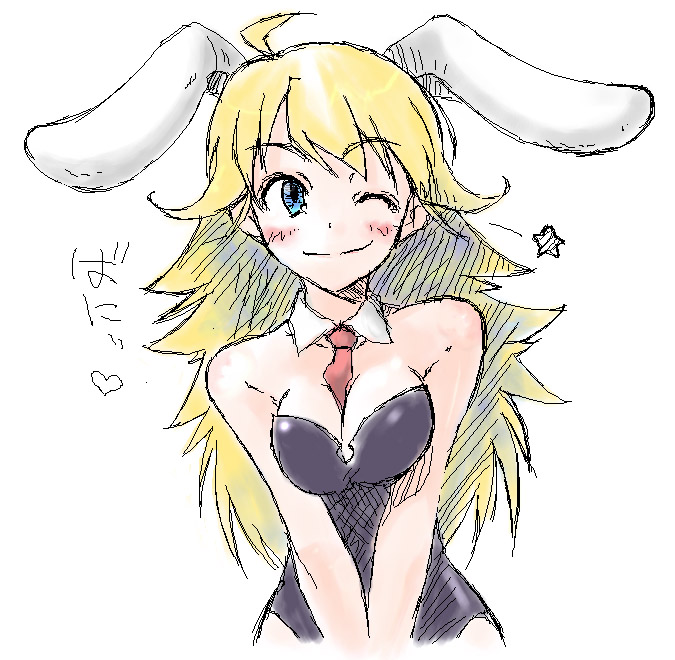 akane yuki, hoshii miki, idolmaster, idolmaster (classic), idolmaster 1, bad id, bad pixiv id, 00s, 1girl, ahoge, animal ears, blonde hair, breasts, cleavage, fake animal ears, female focus, green eyes, long hair, medium breasts, necktie, oekaki, one eye closed, playboy bunny, rabbit ears, simple background, solo, wink