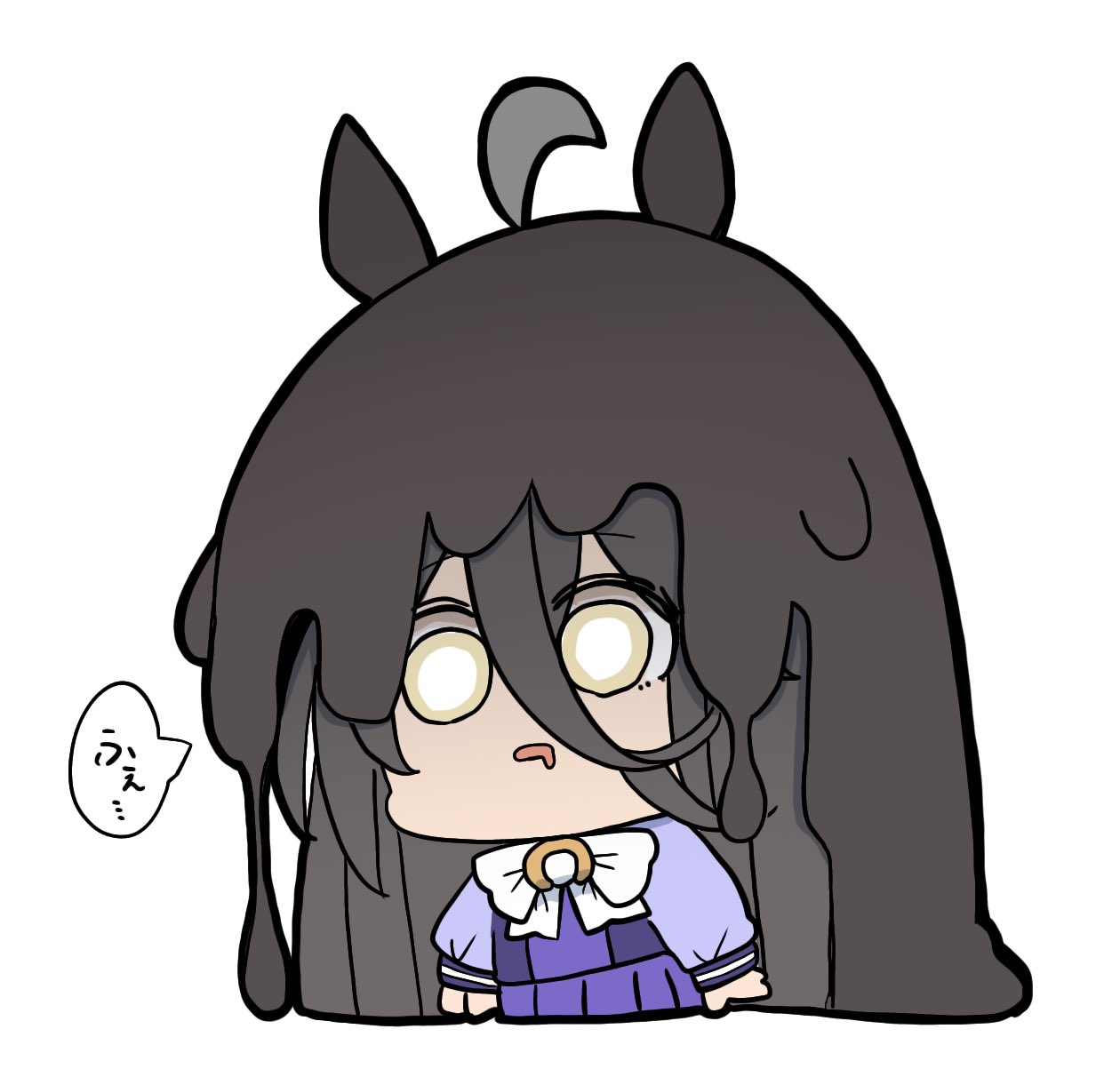 kawamochi (kawauti919), manhattan cafe (umamusume), umamusume, commentary request, highres, translation request, 1girl, ahoge, animal ears, black hair, bow, brown eyes, chibi, drooling, hair between eyes, horse ears, long sleeves, melting, mouth drool, parted lips, pleated skirt, puffy long sleeves, puffy sleeves, purple shirt, purple skirt, school uniform, shirt, simple background, skirt, solo, tracen school uniform, white background, white bow
