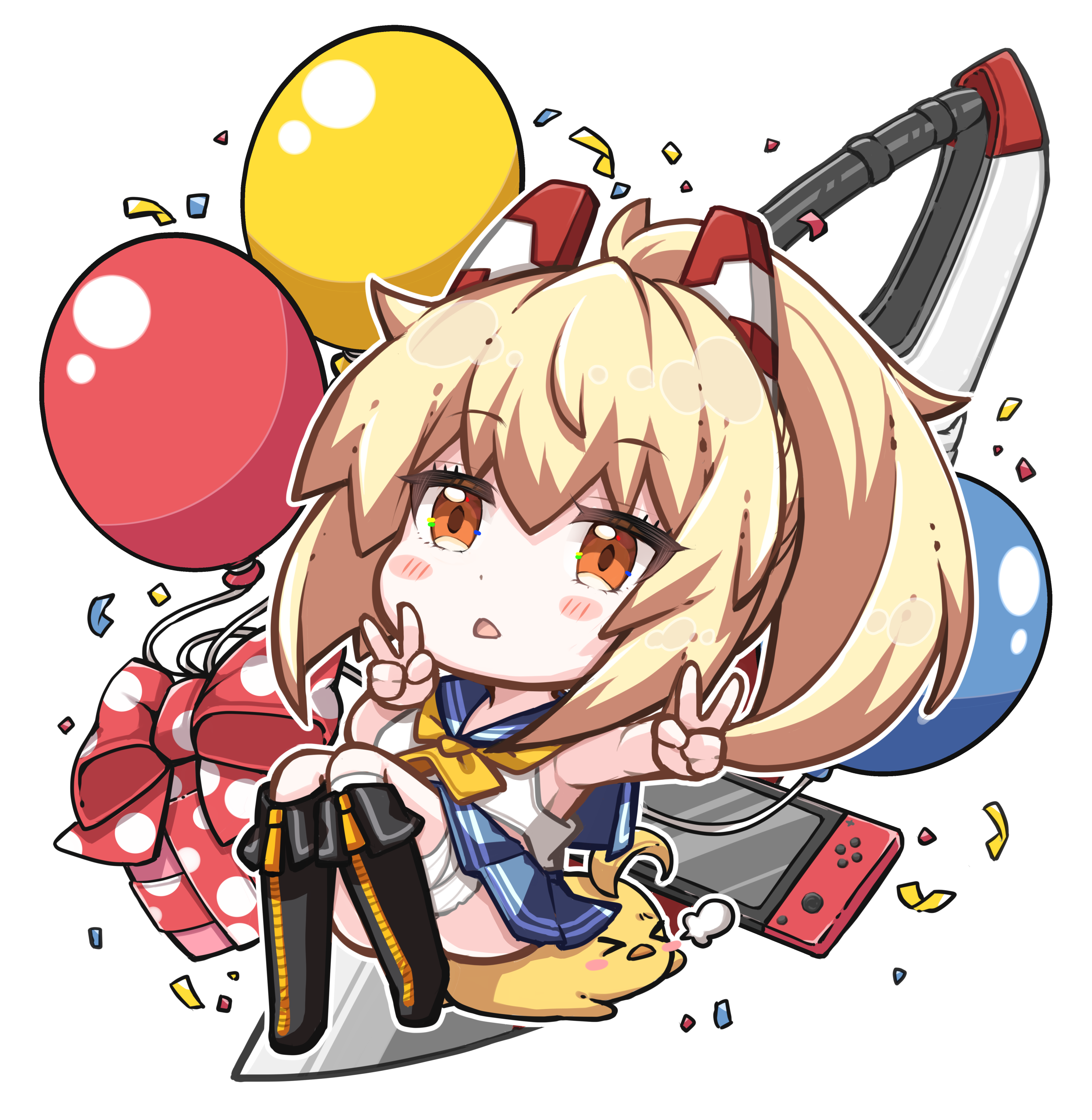 mikuchi3939, ayanami (azur lane), manjuu (azur lane), azur lane, absurdres, commentary, commentary request, commission, english commentary, highres, mixed-language commentary, skeb commission, > <, ascot, baby animal, balloon, bare shoulders, bird, black boots, blonde hair, blue skirt, blush, boots, bow, chestnut mouth, chibi, chibi only, chick, confetti, double v, full body, gift, hair between eyes, headgear, high ponytail, long hair, looking at viewer, manjuu abuse (azur lane), neckerchief, nintendo switch, open mouth, orange eyes, pleated skirt, polka dot, polka dot bow, ponytail, puff of air, sailor collar, school uniform, serafuku, shirt, sidelocks, simple background, sitting, sitting on animal, skirt, v, white background, yellow neckerchief