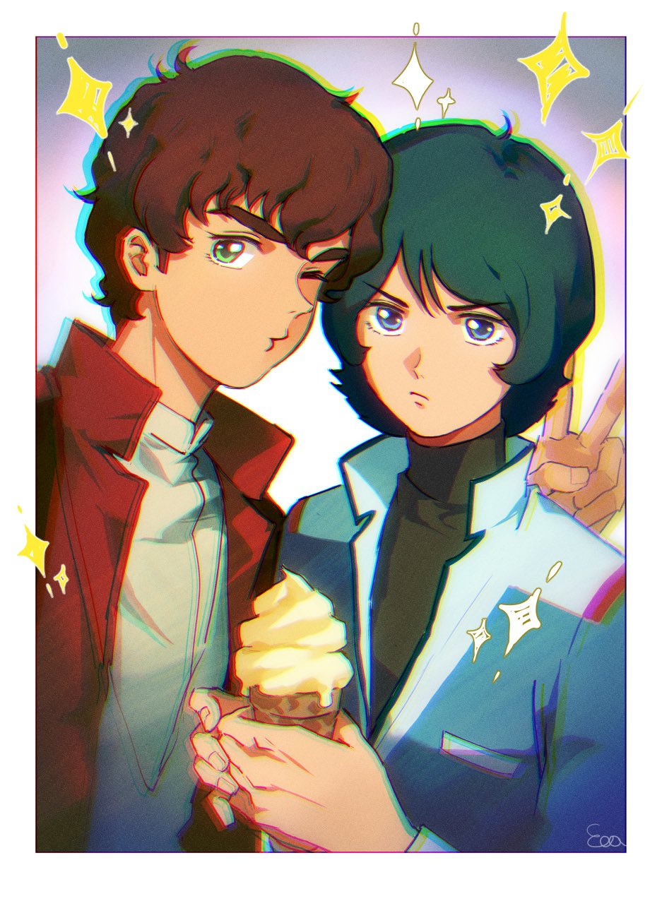 ekomozzarella, judau ashta, kamille bidan, gundam, gundam zz, zeta gundam, commentary, highres, symbol-only commentary, 2boys, artist name, black shirt, blue eyes, blue jacket, border, brown hair, chromatic aberration, closed mouth, food, green eyes, green hair, holding, holding food, holding ice cream, ice cream, ice cream cone, jacket, long sleeves, looking at viewer, male focus, multiple boys, o3o, one eye closed, open clothes, open jacket, puckered lips, red jacket, shirt, short hair, signature, sparkle, thick eyebrows, turtleneck, upper body, v, v-shaped eyebrows, white border, white shirt