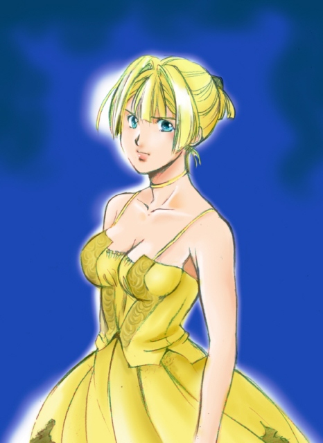 ume, ume (be my toy), alice l. malvin, pumpkin scissors, 00s, 1girl, bare shoulders, blonde hair, blue background, blue eyes, bob cut, choker, dress, short hair, yellow dress