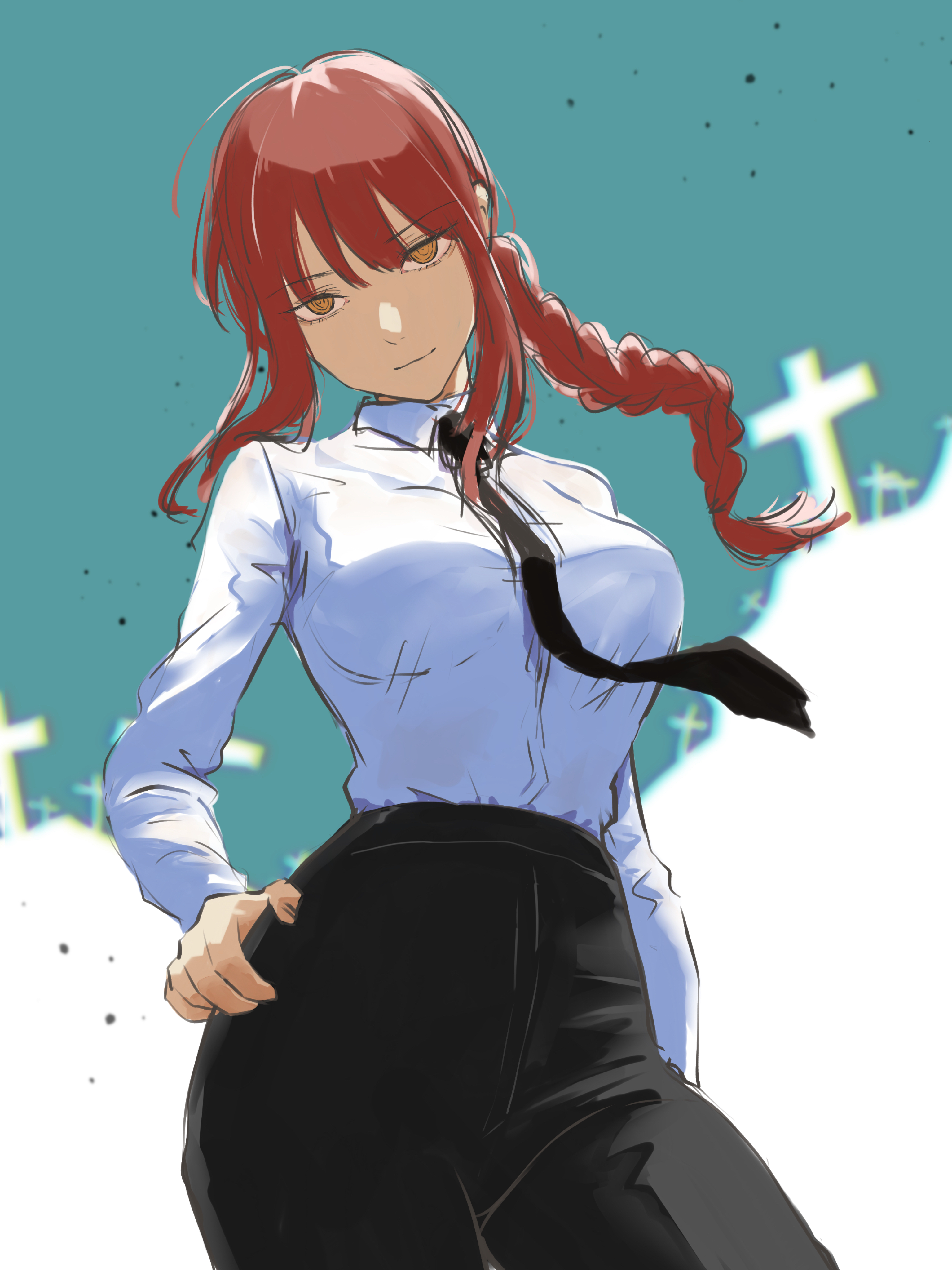 ktmmk 0, makima (chainsaw man), chainsaw man, absurdres, highres, 1girl, black pants, braid, braided ponytail, breasts, closed mouth, cross, hand on own hip, high-waist pants, large breasts, long hair, looking at viewer, necktie, pants, shirt, shirt tucked in, sidelocks, solo, white shirt, yellow eyes