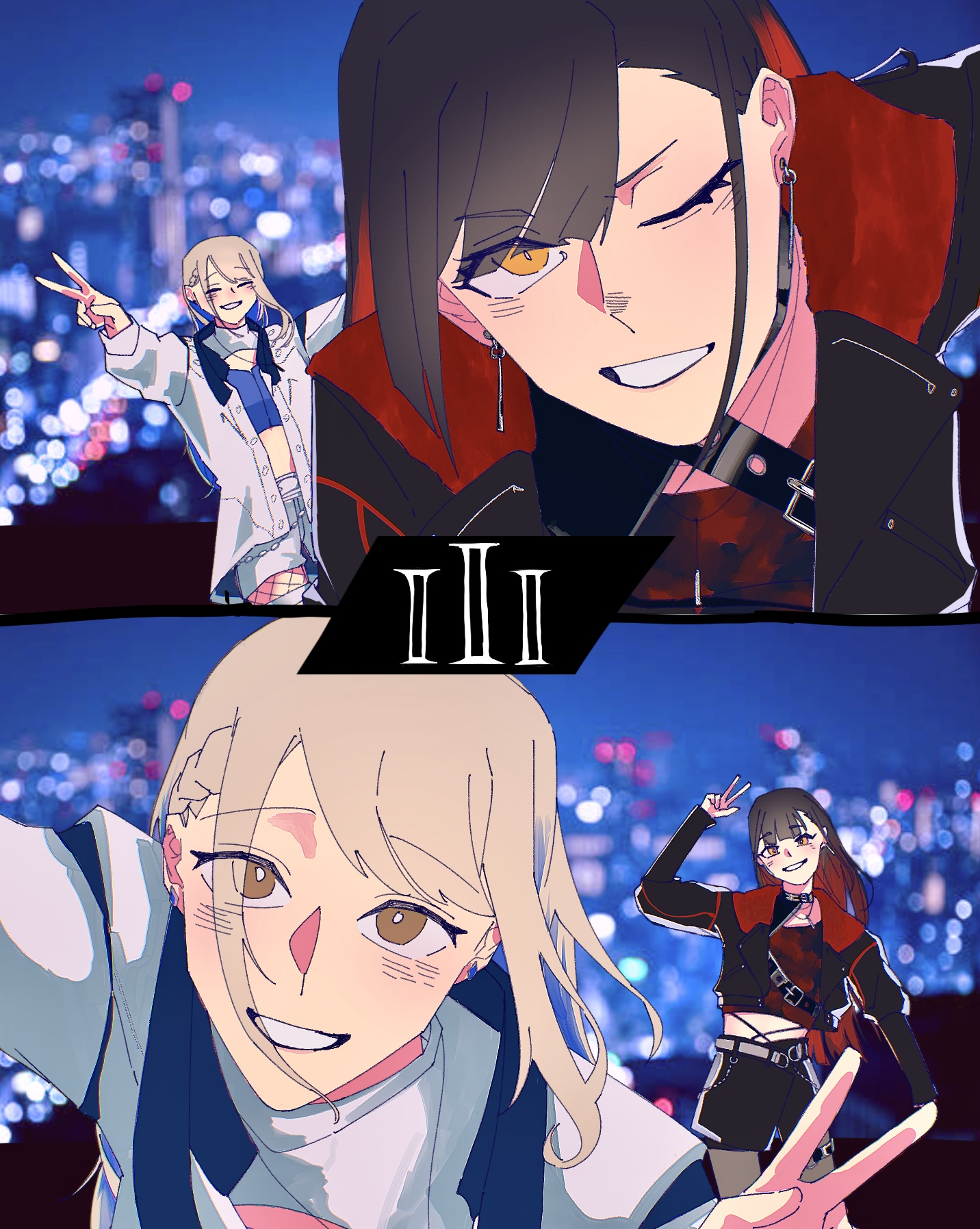 kanaha lazy, azusawa kohane, shiraishi an, project sekai, commentary request, highres, 2girls, animal ears, black hair, black shorts, blonde hair, blue hair, blurry, blurry background, crop top, grey pantyhose, jacket, long hair, midriff, multiple girls, official alternate hair length, official alternate hairstyle, one eye closed, orange eyes, pantyhose, pantyhose under shorts, red hair, shorts, w, whip the wimp girl!! (project sekai), white jacket