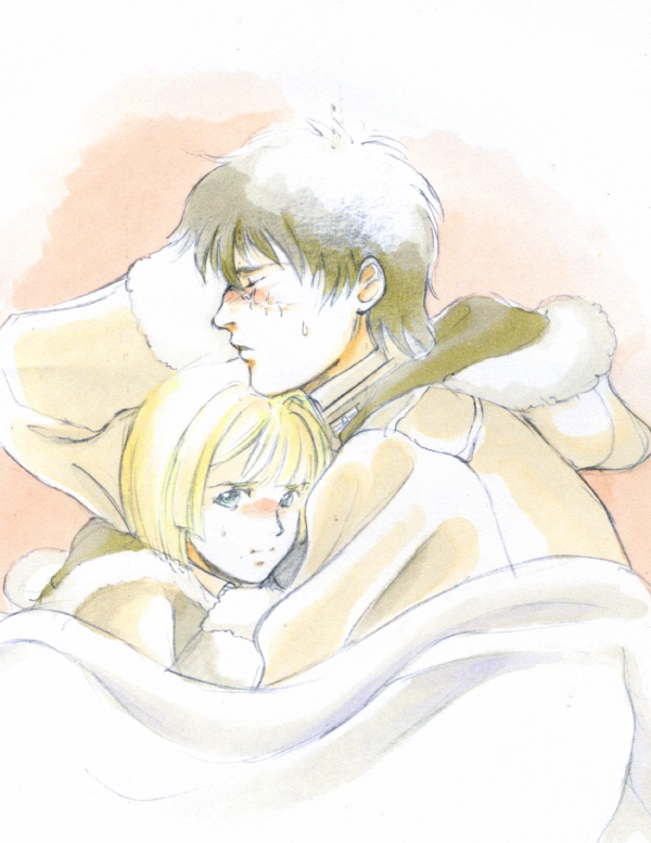 ume, ume (be my toy), alice l. malvin, randal orlando, pumpkin scissors, 00s, 1boy, 1girl, blanket, blonde hair, blue eyes, blush, coat, hood, short hair, sleeping, sweat