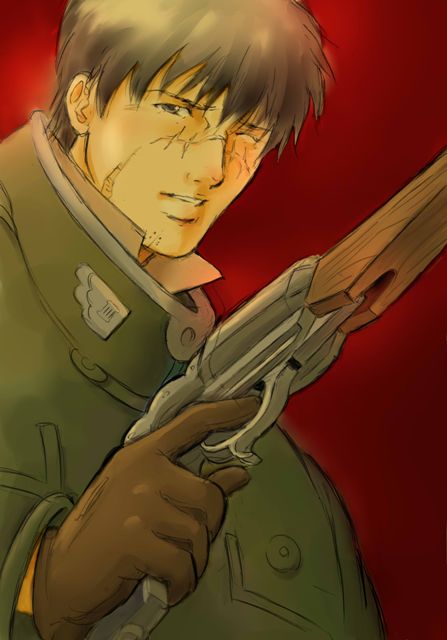 ume, ume (be my toy), randal orlando, pumpkin scissors, 00s, 1boy, gun, handgun, male focus, manly, military, military uniform, one eye closed, pistol, scar, scar on face, scar on nose, solo, weapon, wink