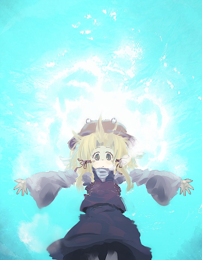 yoshioka yoshiko, moriya suwako, touhou, 1girl, blonde hair, blue background, female focus, gradient background, hat, skirt, solo, underwater, white background