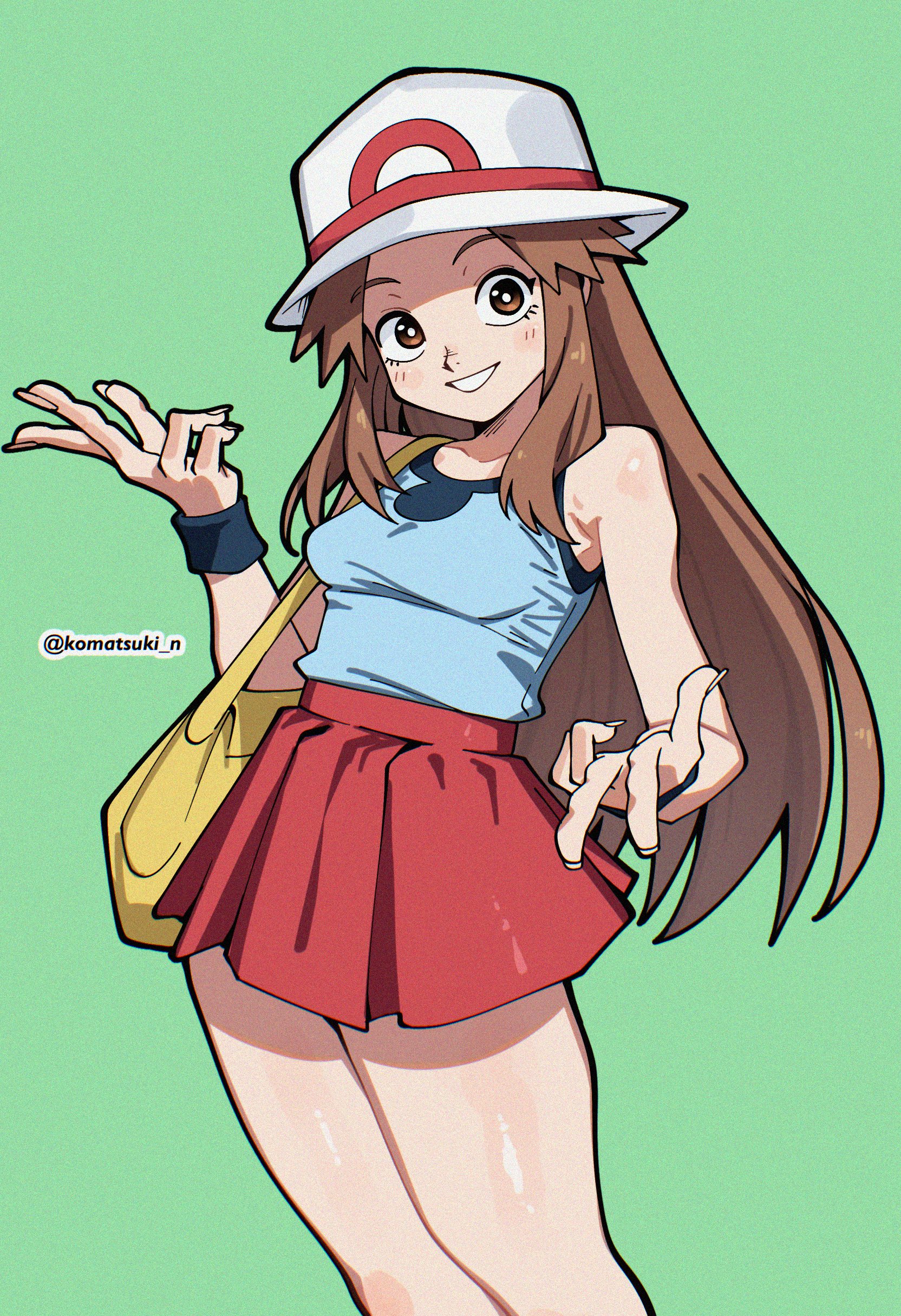 komatsuki n, leaf (pokemon), nintendo, pokemon, pokemon frlg, absurdres, commentary, english commentary, highres, 1girl, armpit crease, bag, bare shoulders, blue tank top, blush, breasts, brown eyes, brown hair, double w, feet out of frame, green background, hat, long hair, looking at viewer, miniskirt, parted lips, pleated skirt, red skirt, shoulder bag, sidelocks, simple background, skirt, small breasts, smile, solo, tank top, thighs, twitter username, w, white hat, wristband