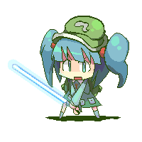 yoshioka yoshiko, kawashiro nitori, touhou, lowres, 1girl, blue eyes, blue hair, energy sword, female focus, full body, hat, lightsaber, matching hair/eyes, solo, sword, two side up, weapon, white background