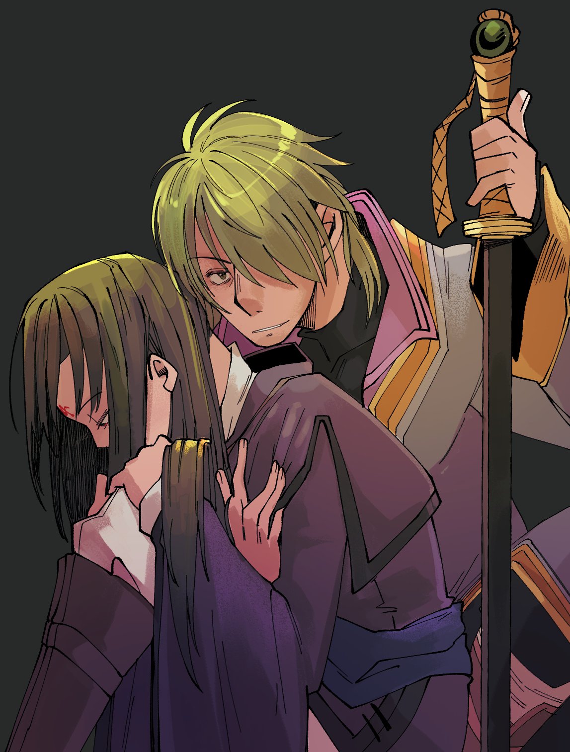 soren (fire emblem), stefan (fire emblem), fire emblem, fire emblem: path of radiance, nintendo, commentary, english commentary, highres, 2boys, facial mark, forehead mark, green hair, hair over one eye, hand on hilt, long hair, male focus, multiple boys, parted lips, sagedcharm, sword, weapon, wide sleeves