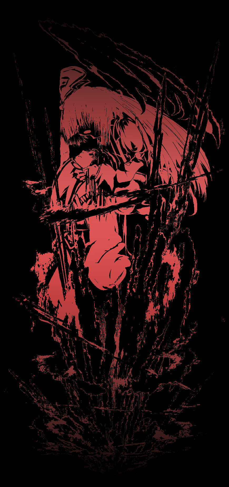 yoshioka yoshiko, fujiwara no mokou, houraisan kaguya, touhou, highres, 2girls, female focus, hair ribbon, long hair, monochrome, multiple girls, red theme, ribbon, shaded face