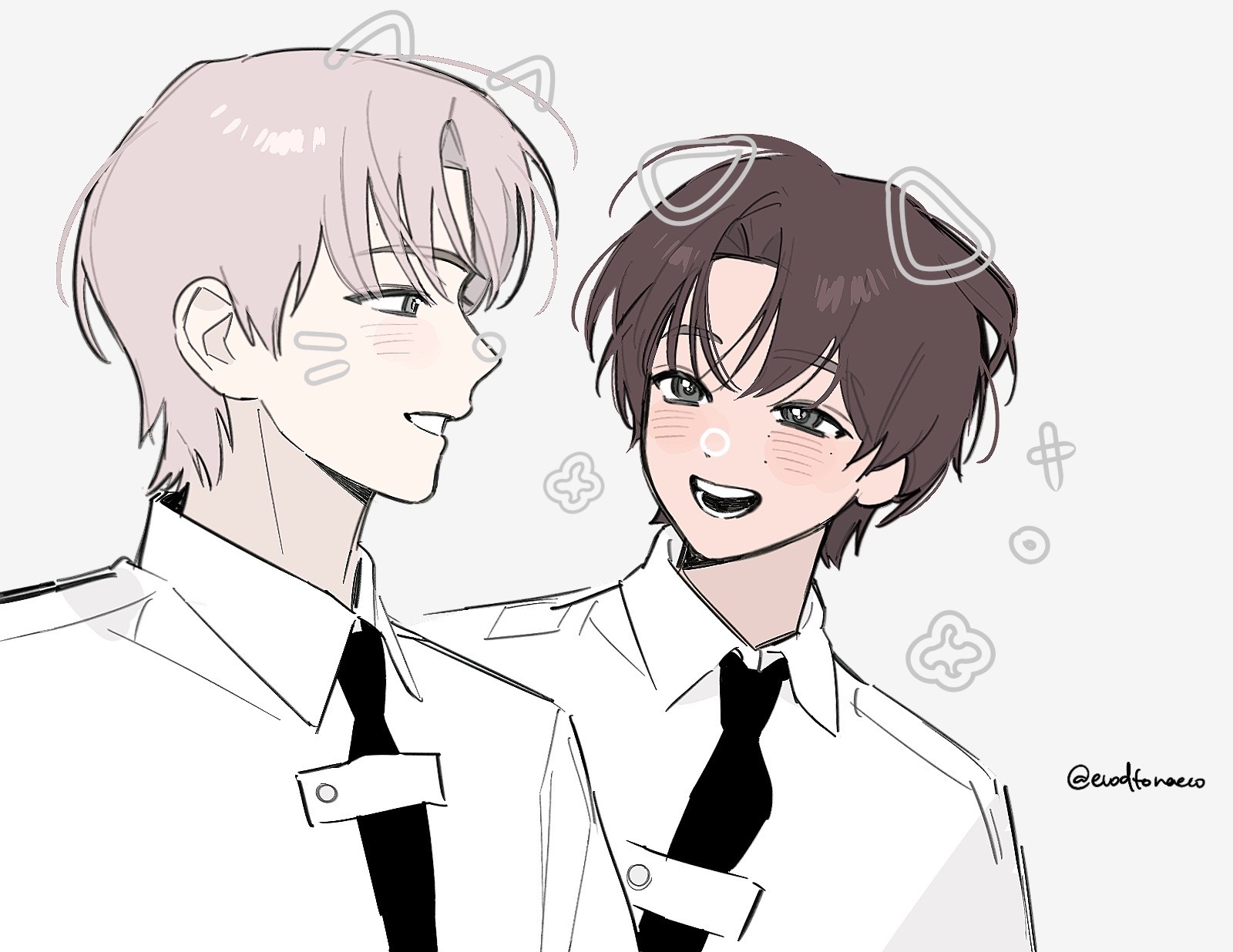 original, highres, 2boys, blush, brown hair, collared shirt, evodtonaeco, looking at viewer, male focus, multiple boys, pink hair, shirt, short hair, smile, white shirt