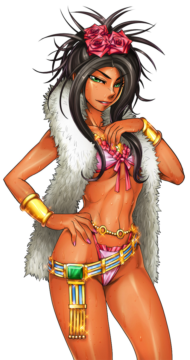 aozoraichi, deborah (dq5), dragon quest, dragon quest v, highres, 1girl, black hair, female focus, flower, green eyes, jewelry, lingerie, solo, tan, underwear