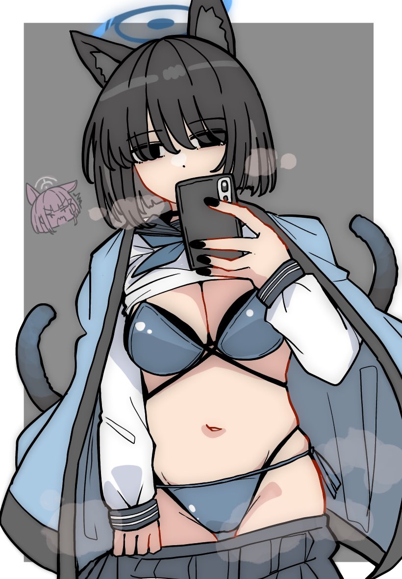 kawamochi (kawauti919), kazusa (blue archive), kikyou (blue archive), kikyou (swimsuit) (blue archive), blue archive, commentary request, 2girls, animal ear fluff, animal ears, bikini, bikini under clothes, black eyes, black hair, black nails, blue bikini, border, breasts, cat ears, cat girl, cat tail, cellphone, chibi, chibi inset, cleavage, clothes lift, clothes pull, covered mouth, eyes visible through hair, grey background, grey sailor collar, grey skirt, groin, hair ornament, hair over eyes, hairclip, halo, holding, holding phone, long sleeves, looking at viewer, medium breasts, multiple girls, multiple tails, nail polish, navel, phone, pleated skirt, puffy long sleeves, puffy sleeves, sailor collar, school uniform, selfie, serafuku, shirt, shirt lift, skirt, skirt pull, sleeves past wrists, swimsuit, tail, two tails, white border, white shirt