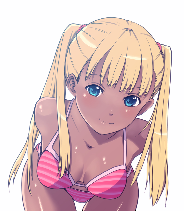 okina ika, original, bad id, bad pixiv id, 1girl, bikini, blonde hair, blue eyes, blush, breasts, cleavage, dark-skinned female, dark skin, female focus, leaning forward, long hair, looking at viewer, red bikini, simple background, solo, striped bikini, striped clothes, swimsuit, tan, thigh gap, twintails, white background