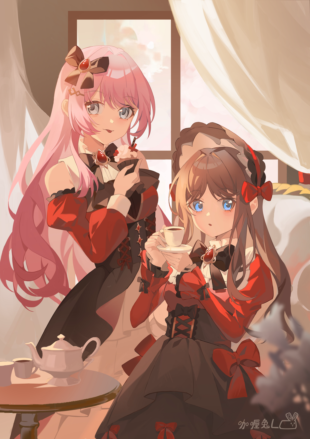 yinranluo, chihaya anon, nagasaki soyo, bang dream!, bang dream! it's mygo!!!!!, chinese commentary, commentary request, highres, 2girls, black bonnet, black bow, black skirt, blue eyes, bonnet, bow, brown hair, clothing cutout, cup, curtains, grey eyes, hair bow, holding, holding cup, juliet sleeves, long hair, long sleeves, multiple girls, open mouth, pink hair, puffy sleeves, red shirt, shirt, shoulder cutout, sidelocks, skirt, tongue, tongue out