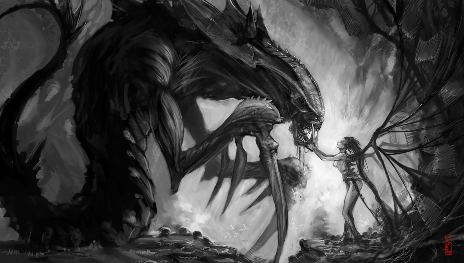 hector enrique sevilla lujan, hydralisk, sarah kerrigan, zerg, zerg (starcraft), zerg hydralisk, starcraft, highres, alien, monochrome, monster, wings