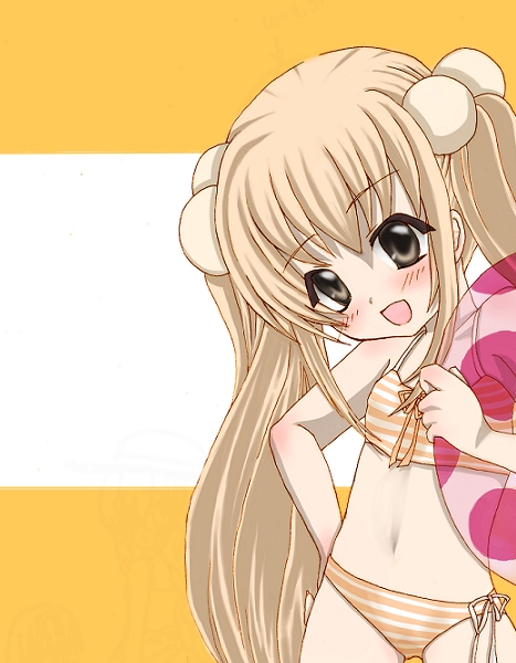 gachimuchi honpo, kokonoe rin, kodomo no jikan, bad id, bad pixiv id, 00s, 1girl, bikini, brown eyes, brown hair, child, female focus, hair bobbles, hair ornament, innertube, long hair, solo, sphere hair ornament, standing, striped bikini, striped clothes, swim ring, swimsuit, twintails