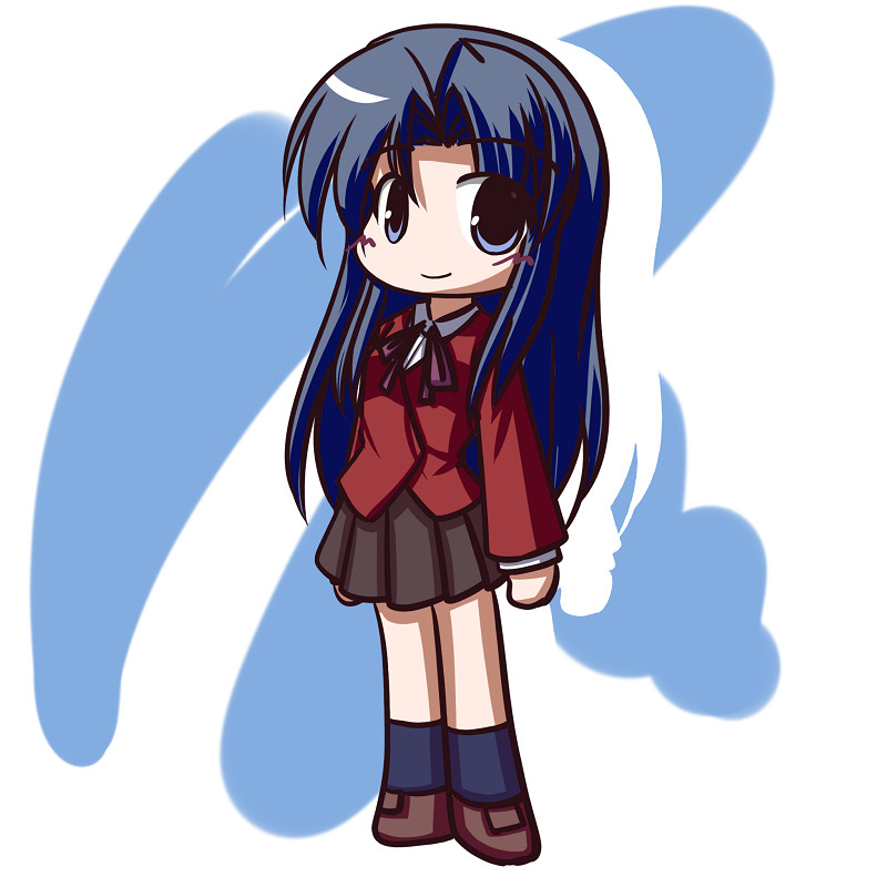 fictional sister, kawashima ami, toradora!, 00s, blue eyes, blue hair, chibi, long hair, school uniform, skirt, socks, solo
