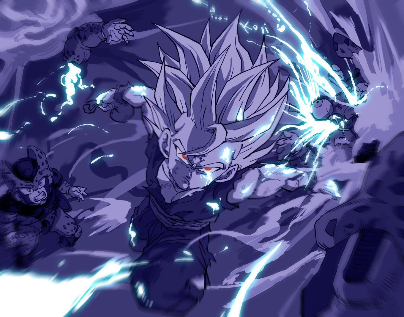 kouji08250, cell junior, son gohan, dragon ball, dragonball z, 4boys, bag, blood, blood on face, blood spray, blue blood, clenched teeth, death, dougi, eyeball, holding, holding bag, limited palette, multiple boys, red eyes, sash, severed arm, severed limb, spiked hair, super saiyan, super saiyan 2, teeth, torn clothes, v-shaped eyebrows, wristband