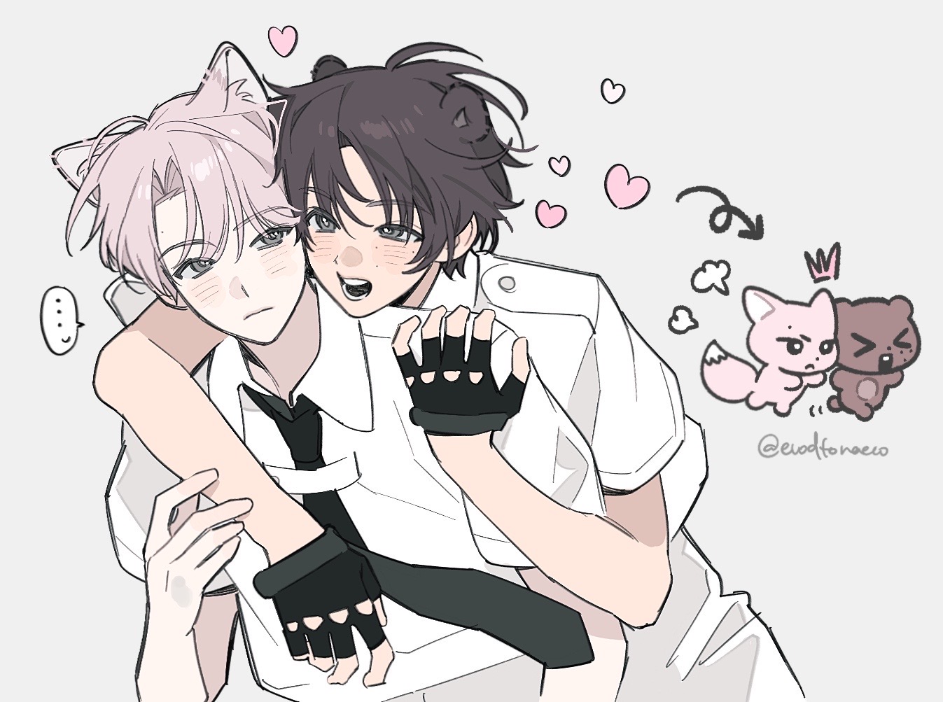 original, 2boys, animal ears, black gloves, black necktie, blush, brown hair, chibi, chibi inset, collared shirt, evodtonaeco, fingerless gloves, gloves, heart, hug, hug from behind, looking at another, male focus, multiple boys, necktie, pink hair, shirt, short hair, short sleeves, simple background, smile