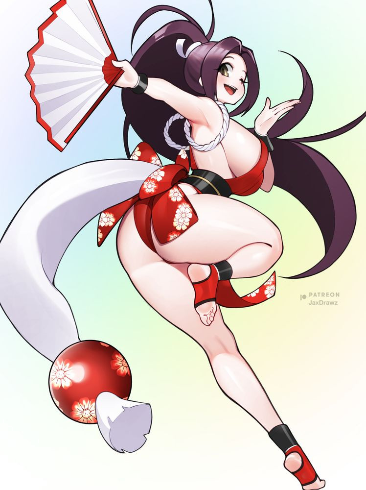 jaxdrawz, shiranui mai, fatal fury, the king of fighters, 1girl, ass, bare shoulders, breasts, brown eyes, brown hair, hand fan, large breasts, long hair, looking back, ninja, one eye closed, panties, sideboob, underwear, very long hair, wink