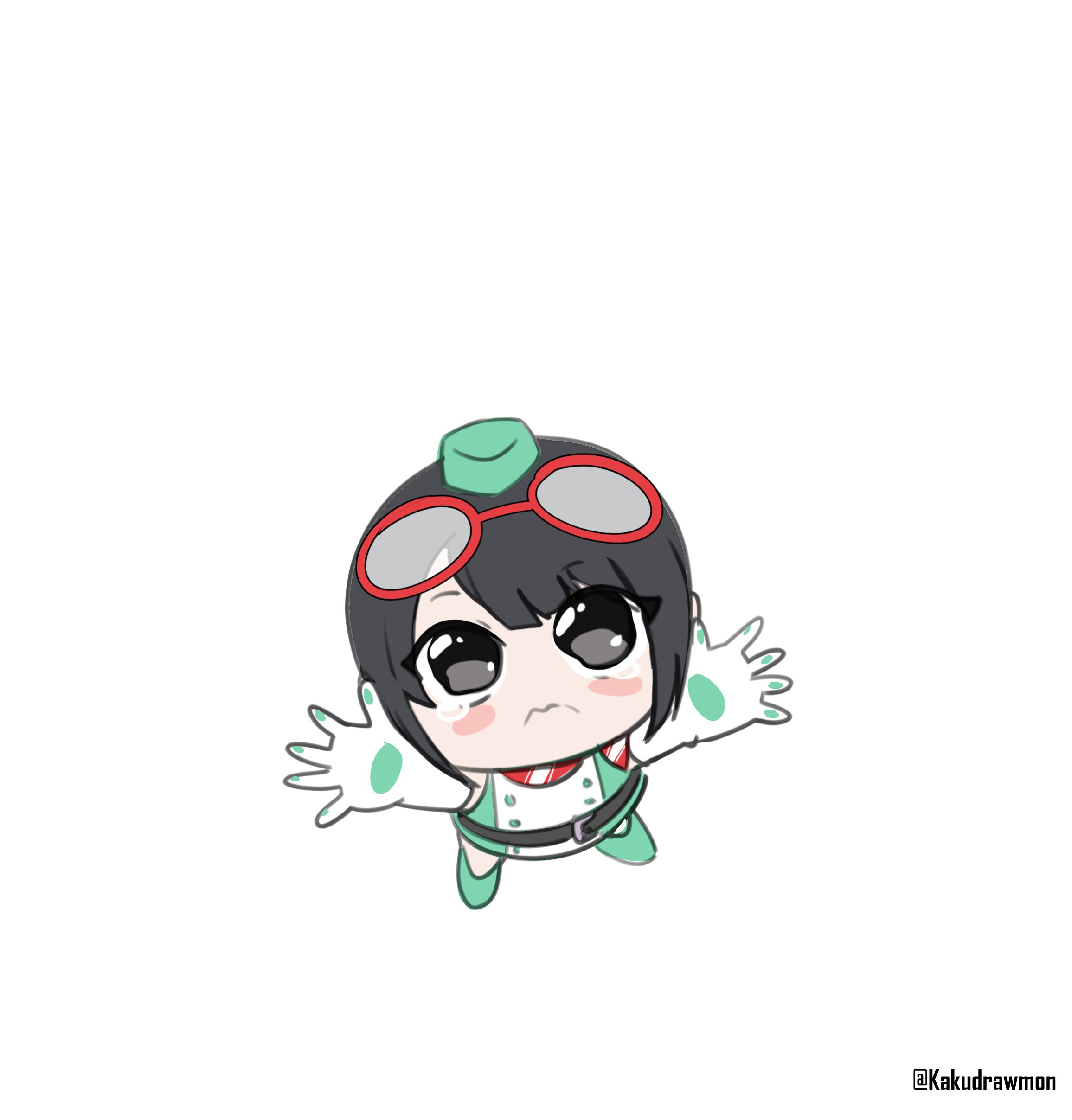 kakudrawmon, yuuki kanan, digimon, digimon story: time stranger, highres, 1girl, :<, arms up, black eyes, black hair, blush stickers, breasts, chibi, cleavage, dress, elbow gloves, full body, gloves, looking at another, looking at viewer, looking up, outstretched arms, sad, short hair, tears, twitter username, two-tone dress, wavy mouth, white background