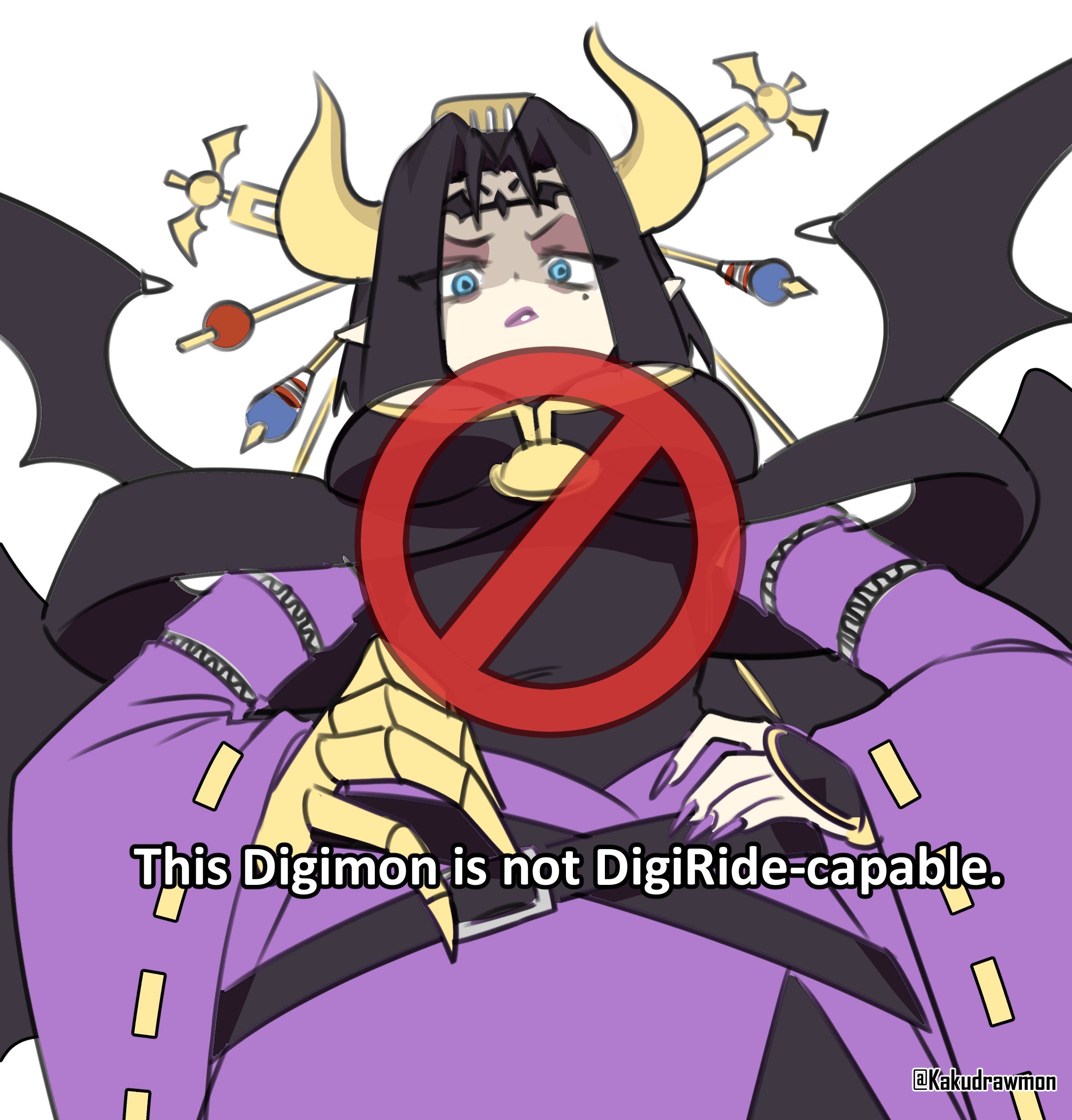 kakudrawmon, lilithmon, digimon, digimon story: time stranger, highres, 1girl, black hair, breasts, cleavage, demon girl, demon wings, digimon (creature), english text, from below, gameplay mechanics, hands on own hips, large breasts, looking at another, looking at viewer, mark of evil, white background, wings
