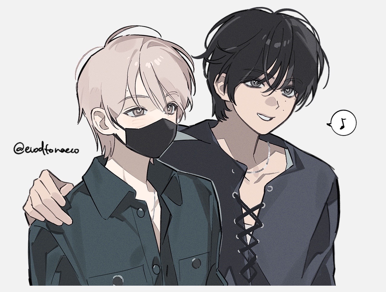 original, 2boys, arm around shoulder, black eyes, black hair, black shirt, collarbone, collared shirt, evodtonaeco, grey background, hair between eyes, hand on another's shoulder, jewelry, male focus, mask, mouth mask, multiple boys, musical note, necklace, pink eyes, pink hair, shirt, short hair, simple background, smile, speech bubble, spoken musical note, twitter username, upper body