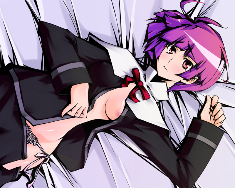 xunipo, schach nouera, lyrical nanoha, mahou shoujo lyrical nanoha, mahou shoujo lyrical nanoha strikers, 00s, 1girl, bed, blush, breasts, female focus, lying, medium breasts, open clothes, open shirt, panties, pink eyes, pink hair, shirt, short hair, side-tie panties, solo, underwear