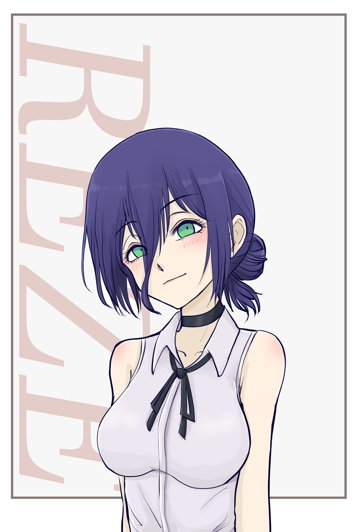 makijuu, reze (chainsaw man), chainsaw man, highres, 1girl, black ribbon, blue hair, breasts, character name, closed mouth, collared shirt, green eyes, grey shirt, hair between eyes, hair bun, medium breasts, neck ribbon, ribbon, shirt, sleeveless, sleeveless shirt, solo