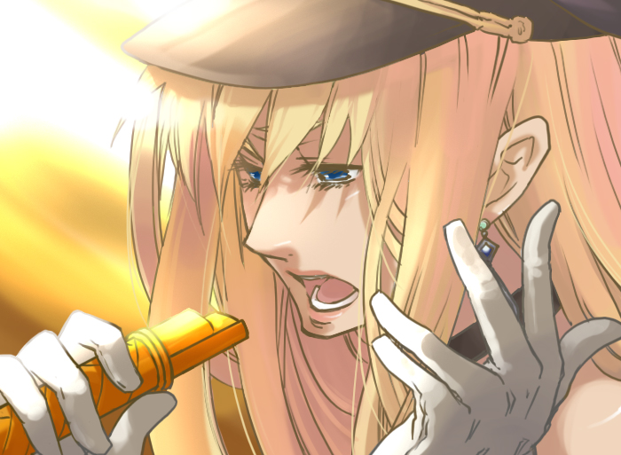 sezaki takumi, sheryl nome, macross, macross frontier, 00s, blonde hair, blue eyes, microphone, music, singing, solo