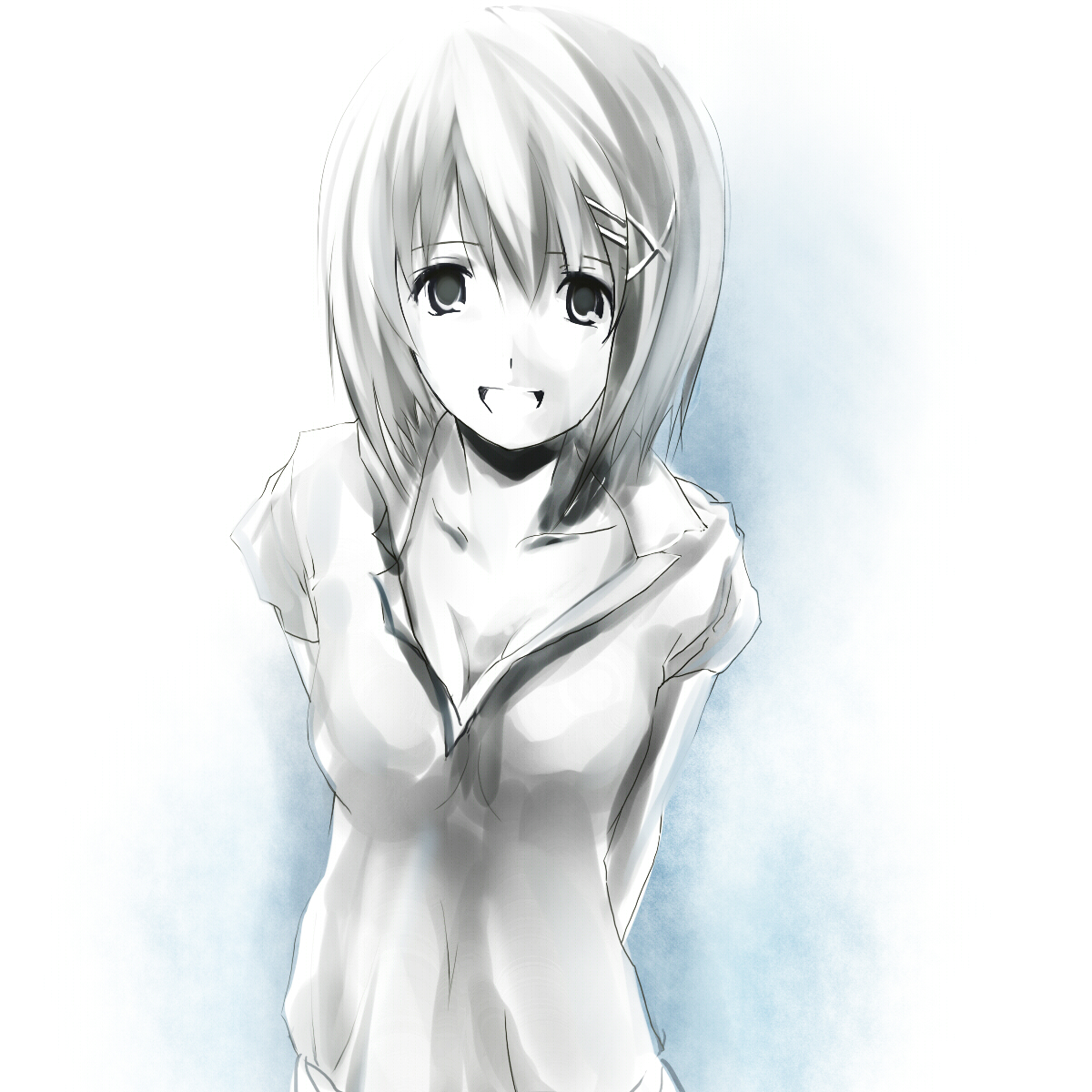 wagashi (okashina), yagami hayate, lyrical nanoha, mahou shoujo lyrical nanoha, mahou shoujo lyrical nanoha a's, mahou shoujo lyrical nanoha strikers, uniform, bad id, bad pixiv id, highres, 00s, 1girl, :d, arms behind back, collarbone, female focus, grin, hair ornament, long sleeves, looking at viewer, open mouth, smile, solo, teeth, x hair ornament