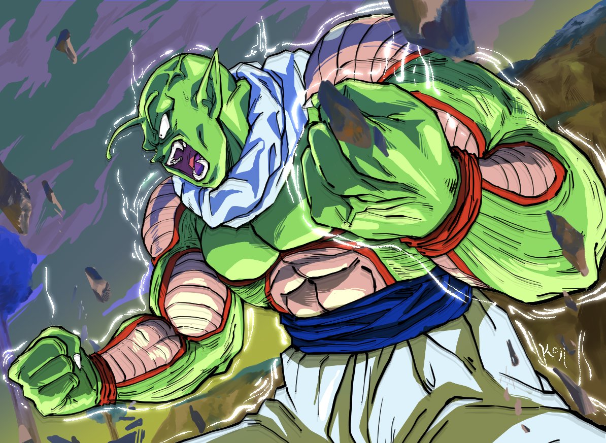 kouji08250, nail (dragon ball), dragon ball, dragonball z, 1boy, alien, antennae, artist name, aura, bald, blue sash, clenched hand, colored skin, debris, fingernails, green skin, muscular, muscular male, namekian, open mouth, pants, pointy ears, sash, sharp fingernails, shouting, solo, topless female, tree, veins, white pants