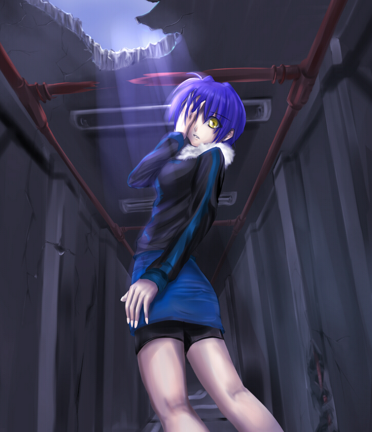 wagashi (okashina), subaru nakajima, lyrical nanoha, mahou shoujo lyrical nanoha, mahou shoujo lyrical nanoha strikers, 00s, 1girl, female focus, food, pencil skirt, purple hair, short hair, skirt, solo, wagashi, yellow eyes