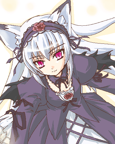 kazami karasu, suigintou, rozen maiden, silver hair, lowres, 00s, animal ears, choker, flower, fox ears, gothic lolita, hairband, lolita fashion, red eyes, ribbon, rose, wings