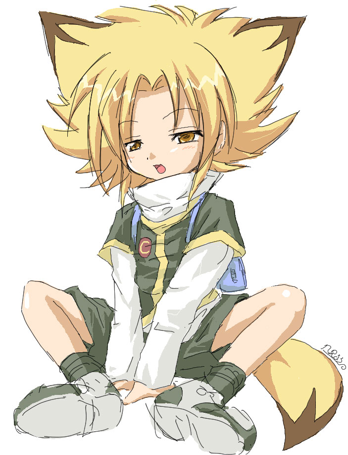 kazami karasu, tsukino konta, b-daman, bakukyuu hit! crash b-daman, 00s, 1990s (style), 1boy, animal ears, arm support, backpack, bag, blonde hair, blush, child, fox ears, fox tail, male focus, open mouth, randoseru, retro artstyle, shoes, shorts, signature, simple background, sitting, sketch, sneakers, socks, solo, spread legs, tail, turtleneck, yellow eyes