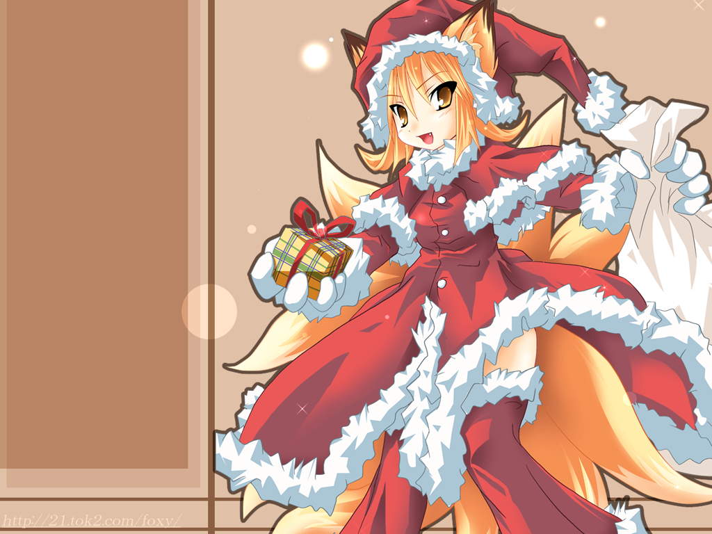 kazami karasu, fur, duplicate, 1girl, animal ear fluff, animal ears, bag, capelet, christmas, female focus, fox, fox ears, fox tail, gift, gloves, holding, holding gift, kitsune, kyuubi, leg warmers, multiple tails, sack, santa costume, solo, tail, thighhighs, zettai ryouiki