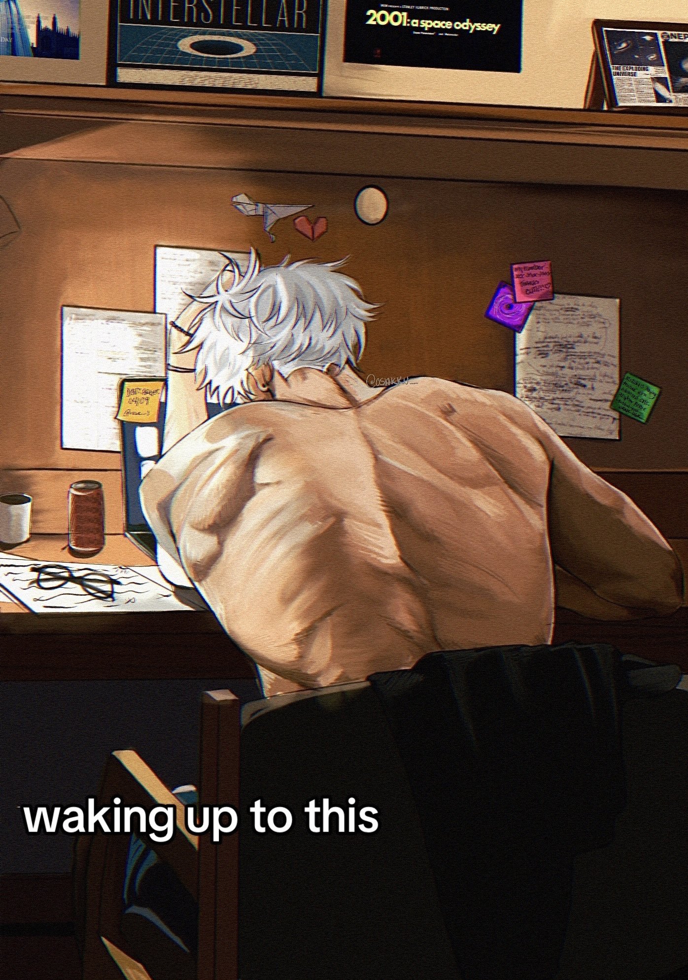 gojou satoru, 2001 a space odyssey, interstellar (movie), jujutsu kaisen, commentary, english commentary, highres, 1boy, back, black shirt, computer, english text, from behind, glasses, gojouify, laptop, male focus, meme, movie poster (object), papers, shirt, short hair, sitting, solo, sticky note, topless male, twitter username, unworn eyewear, unworn shirt, waking up to this (meme), white hair