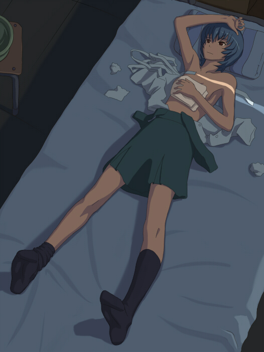 maasan, ayanami rei, neon genesis evangelion, bad id, bad pixiv id, 1girl, armpits, bandages, bed, blue hair, breasts, feet, female focus, lying, school uniform, short hair, skirt, small breasts, socks, solo, topless female