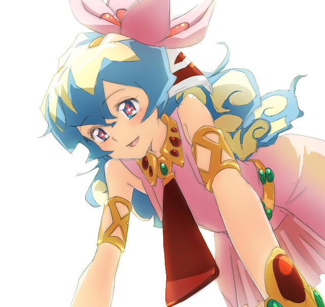 ma (2ql), nia teppelin, tengen toppa gurren lagann, bad id, bad pixiv id, + +, 00s, 1girl, all fours, armlet, bracelet, cross-shaped pupils, dress, female focus, flower, hair flower, hair ornament, jewelry, long hair, multicolored hair, pink dress, pink skirt, skirt, smile, solo, symbol-shaped pupils
