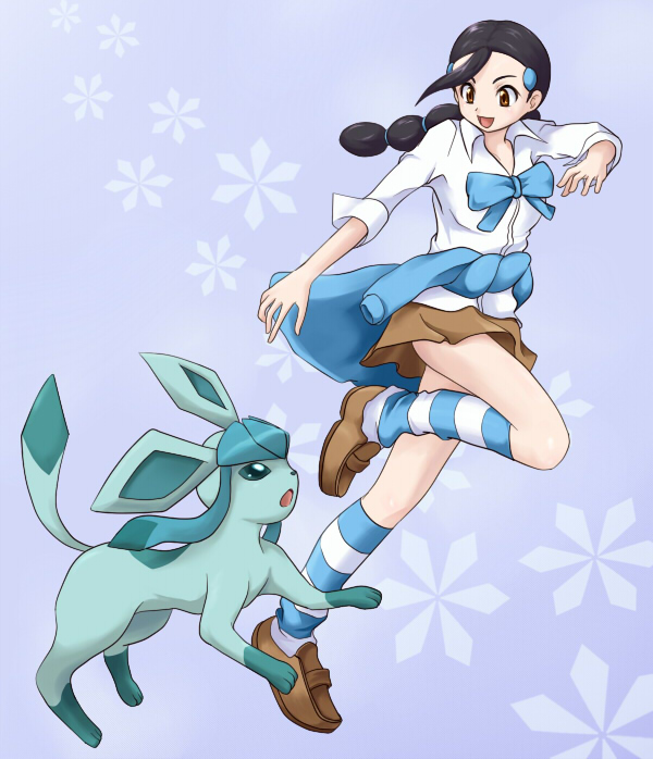 ni-jo, candice (pokemon), glaceon, nintendo, pokemon, pokemon dppt, 00s, 1girl, black hair, bow, braid, brown eyes, gen 4 pokemon, gym leader, hair ornament, hairclip, jacket, kneehighs, loose socks, multi-tied hair, pokemon (creature), ribbon, skirt, socks, striped clothes, striped socks, twin braids