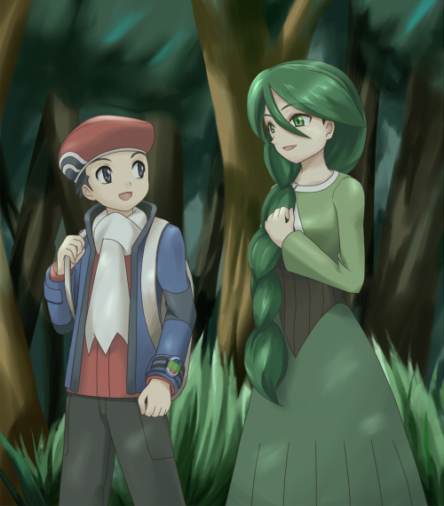 ni-jo, cheryl (pokemon), lucas (pokemon), nintendo, pokemon, pokemon dppt, 00s, 1boy, 1girl, braid, forest, green eyes, green hair, hair over shoulder, hat, nature, scarf, single braid, winter clothes