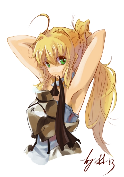 fortal, artoria pendragon (fate), saber (fate), saber lily, capcom, fate/stay night, fate/unlimited codes, fate (series), 00s, 1girl, adjusting hair, ahoge, armor, armpits, blonde hair, female focus, green eyes, mouth hold, ponytail, simple background, solo