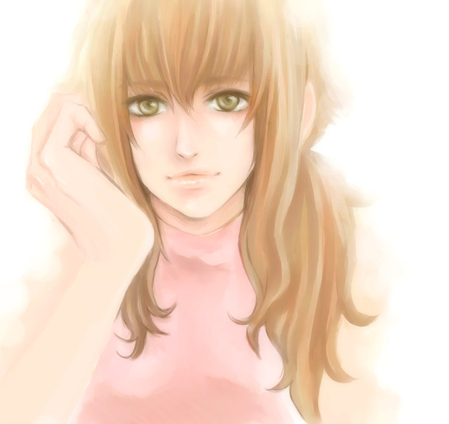 mayama11, christina sierra, gundam, gundam 00, bad id, bad pixiv id, 00s, 1girl, bare shoulders, blunt bangs, brown hair, female focus, green eyes, looking at viewer, simple background, solo, sweater vest, upper body, white background