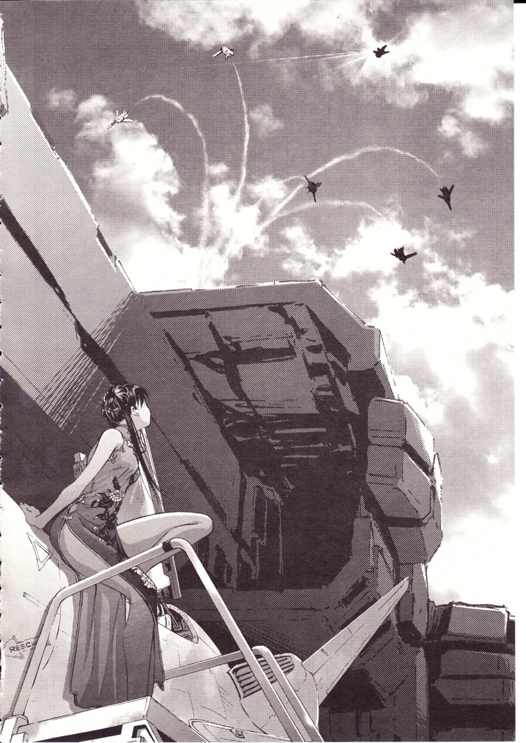 mikimoto haruhiko, lynn minmay, sdf-1, vf-1, choujikuu yousai macross, macross, macross: the first, 1980s (style), 1girl, aircraft, airplane, china dress, chinese clothes, contrail, dress, fighter jet, mecha, military, military vehicle, monochrome, oldschool, purple theme, retro artstyle, robot, sky, spacecraft